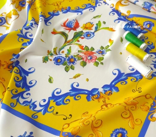 Шелк креповый купон "Majolica", цвет белый/желтый, 02128к