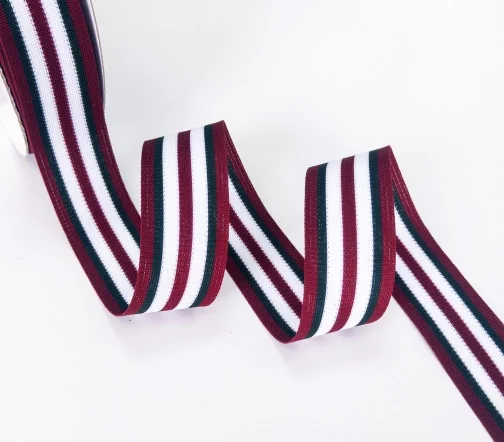 Лента лампасная в полоску, 25 мм, бургунди/зеленый/белый, R2-01-25