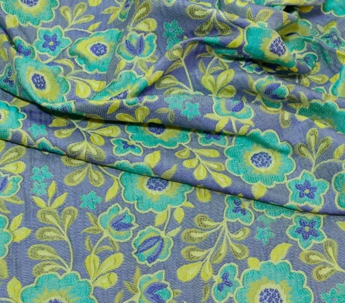 Жаккард "Желто-бирюзовые цветы", фон синий джинс, 00511