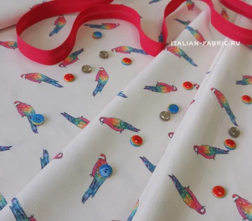 Сорочечный хлопок "Цветные попугаи", фон бежевый, 00505