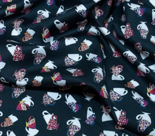 Поплин стрейч "Чашечки", фон черно-синий, 01000