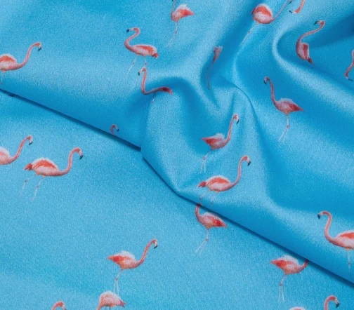 Сатин стрейч "Фламинго" на голубом, 950476