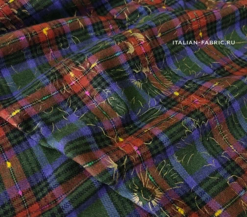 Ткань костюмная с накатом "Клетка с золотыми цветами", цвет фиолет/зелен/терракот., 1092029-1