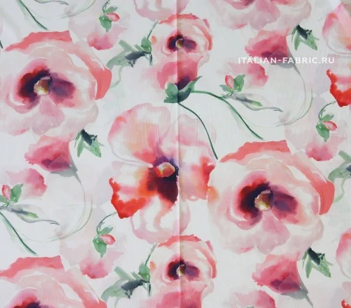 Шелк креповый "Акварельные цветы", фон молочный, 01249