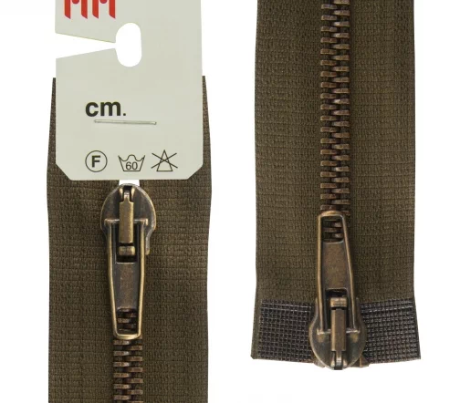 Молния RiRi металл разъём, 2 замка 5 мм 75 см, подвеска АТ, цепь антик медь, цвет 2817, темный хаки