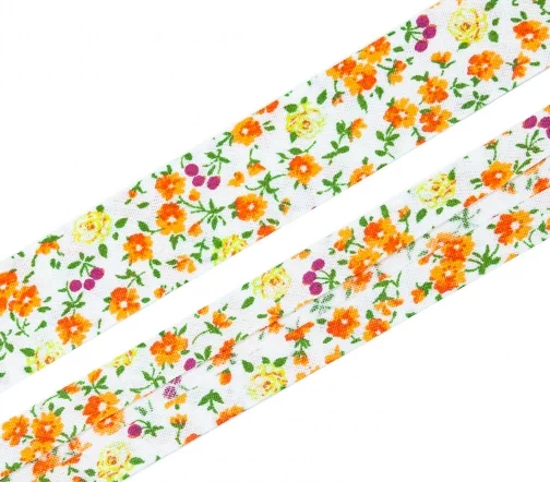 Косая бейка SAFISA с цветами, 20мм, цвет 04, оранжевый/желтый/фуксия