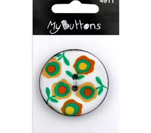 Пуговица "My Buttons" White Flowers, 34 мм, 2 отв., кокос, цвет молоч/оранж/зеленый, 630004911