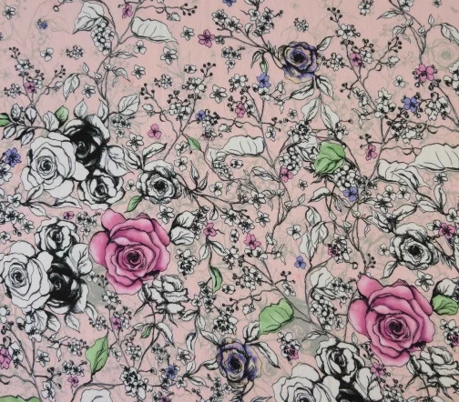 Шерстяной креп с цветами каймой, цвет розовый, 00886-1