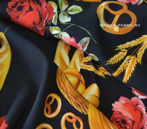 Шелк креповый "Булки", фон черный, 00875