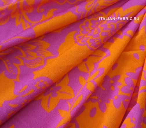 Трикотаж вискозный Ritratti "Узоры из цветов и листьев", оранжевый/розовый, 02017