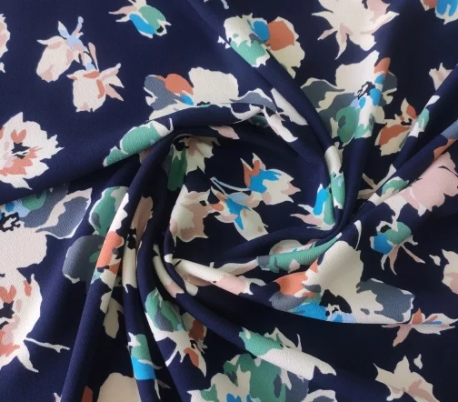 Креп стрейч "Акварельные цветы на темно-синем", 1042112