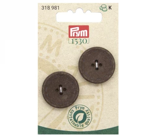 318981 Пуговицы, 4 отв., 25 мм, переработанный хлопок/пластик, 2 шт., цвет т-коричневый, Prym