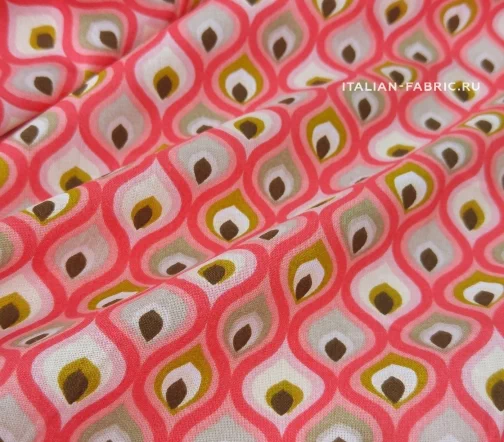 Ситец хлопковый с геометрическим принтом, фон коралловый, 01736