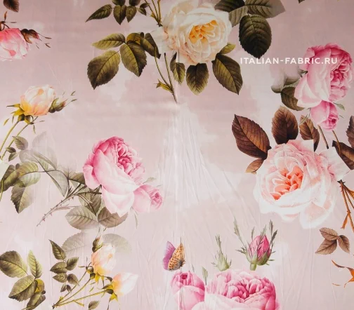 Шелк атласный "Розы", фон розово-пепельный, 02000-2