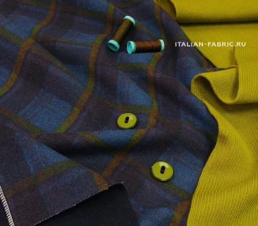 Шерсть костюмно-пальтовая в синюю клетку, 01857