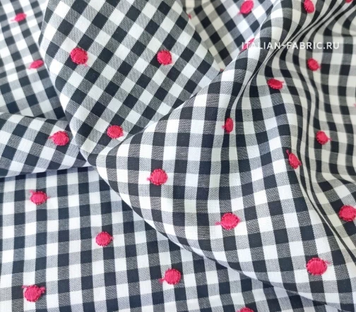 Сорочечный хлопок в черно-белую клетку и красный горох, 3018-2