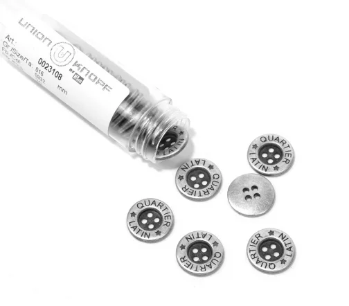 Пуговица Union Knopf "Quartier Latin", 4 отв., металл, цвет никель, 16 мм