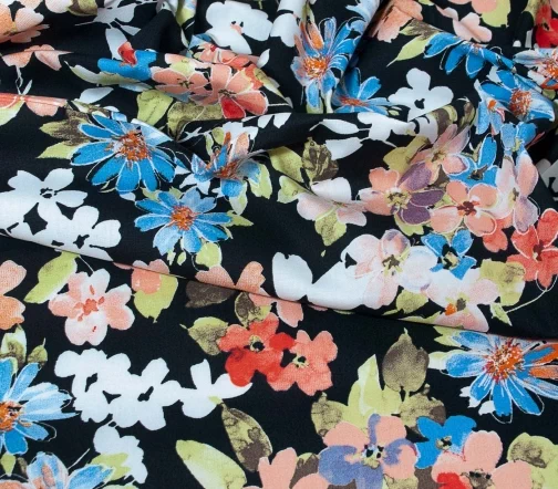 Ситец "Акварельные цветы на черном фоне", 01990