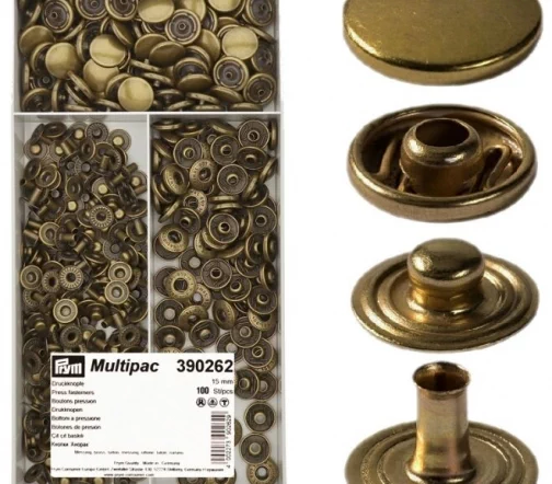 390262 Кнопки ANORAK, латунь, цвет состаренная латунь, 15 мм, 100 шт., Prym