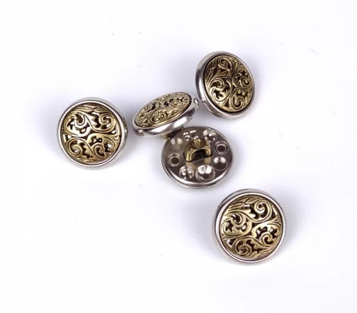 Пуговица DILL "Орнамент", на ножке, мет.пласт., цвет состар.золото/серебро, 15 мм
