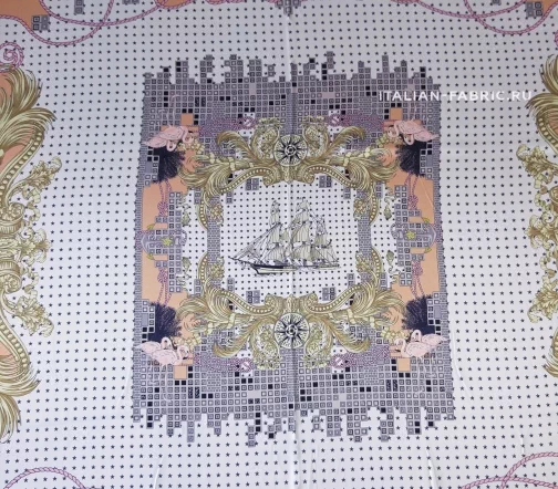 Шелк атласный "Парусник", купон, фон белый, 67719к