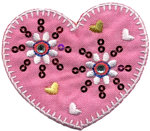 Термоаппликация HKM "Розовое сердце с двумя цветочками из пайеток", 7,5 х 4,5 см, арт. 32882