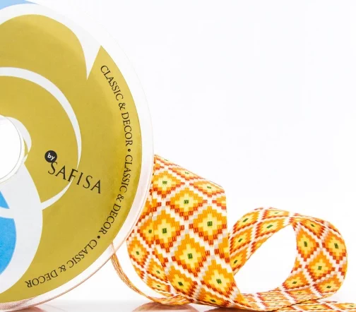 Тесьма ременная декоративная SAFISA "Ромбы", 100% полиэстер, ширина 30 мм, цвет 01, горчичный