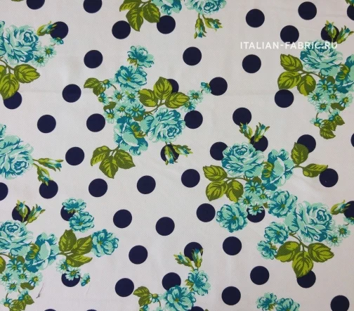 Хлопок-пике "Цветы и синий горох", 00320