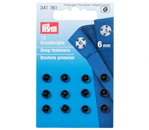 341161 Кнопки пришивные, латунь, 6 мм, цвет черный, 12 шт., Prym