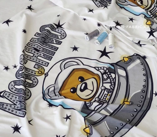 Трикотаж "Мишка в космолёте", фон белый, купон, 1072008к-1