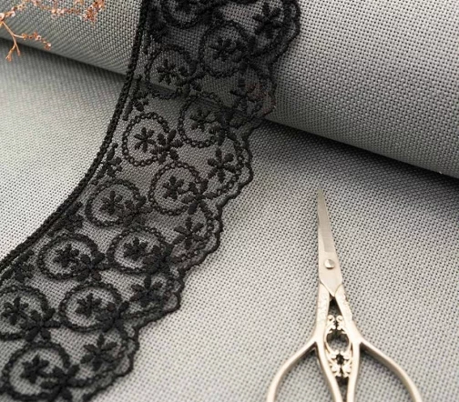 Кружево вышивка на тюле GOODMAN, ширина 63 мм, уп./3,5 м, цвет черный