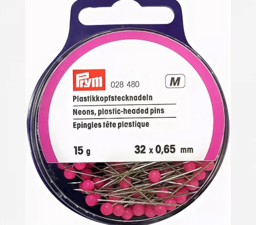 028480 Булавки с неоновыми розовыми пластиковыми головками, закаленная сталь, 32х0,65мм, 15г, Prym