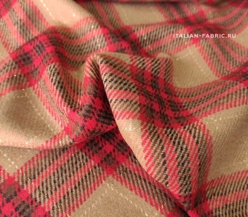 Ткань костюмная в клетку с люрексом, цвет красный/бежевый, 1082035