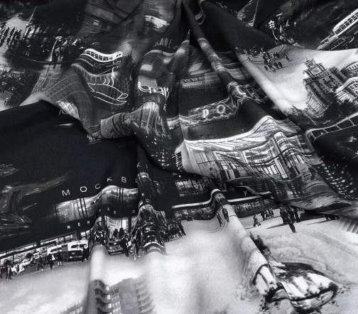 Креп вискозный купон "Старая Москва", цвет черный/серый, 1032506к