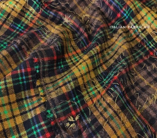 Ткань костюм. с накатом "Золотые цветы на клетке", цвет коричн/черн/желт., 1092028-1