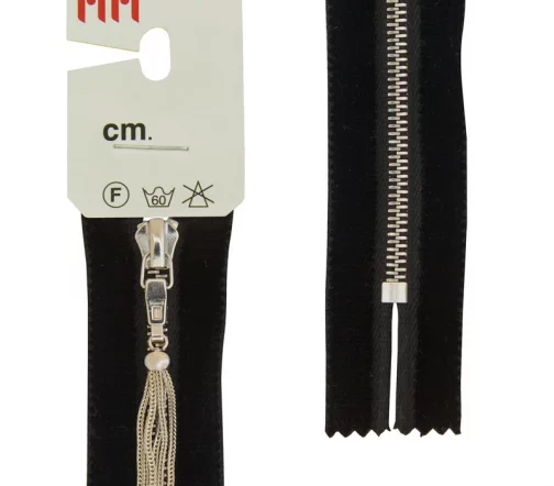 Молния RiRi бархат, металл, неразъём, 4 мм 18 см, подвеска Zuff, цепь Ni, цвет 2110, черный