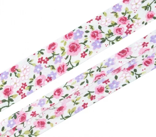 Косая бейка SAFISA с цветами, 20мм, цвет 03, розовый/сиреневый/бордо