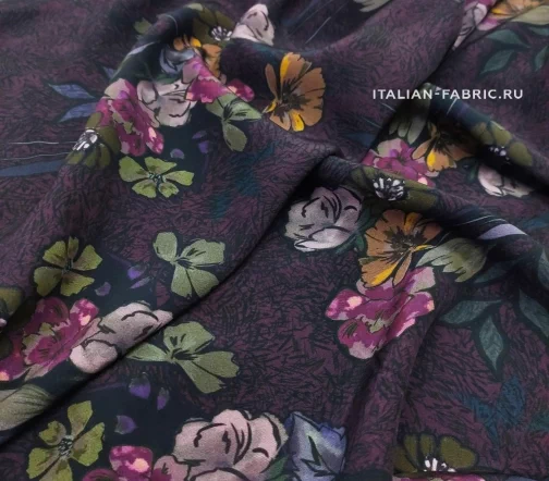 Штапель вискозный с цветочным принтом, фон бордо, 8281-5