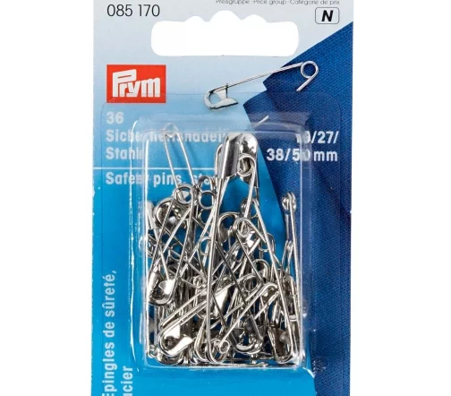 085170 Булавки английские со спиралью, латунь/сталь № 3/0-3, 27/38/50мм, зол/сер. цвет, 36шт., Prym