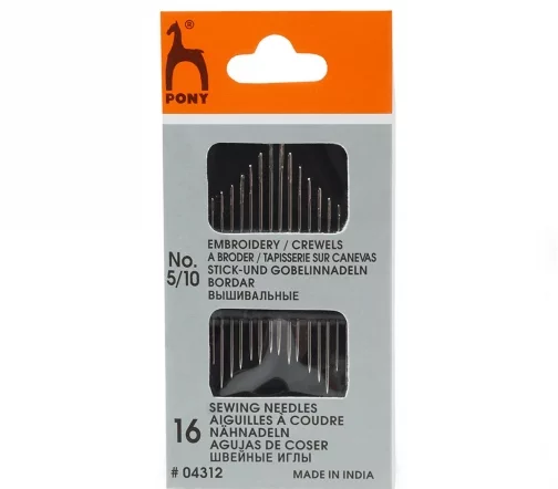 Иглы ручные для вышивания и шитья Crewels, № 5-10, 16 шт., PONY 04312
