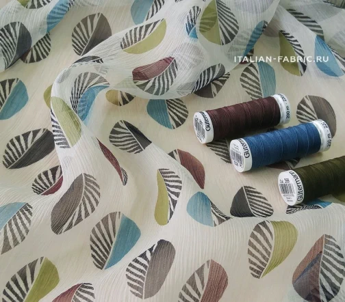 Шифон-креш "Листочки", фон бежево-фисташковый, 01746