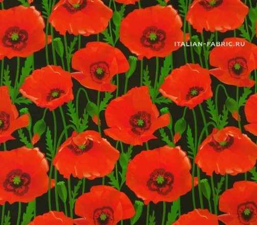 Крепдешин "Красные маки на черном", 01697