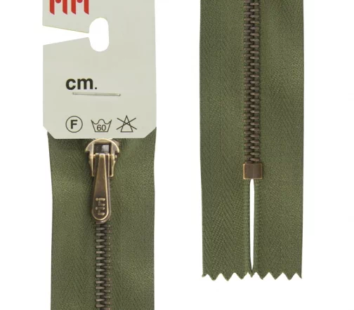 Молния Riri брючная, металл антик медь, неразъёмная, 4мм 18см, цвет 2827, хаки