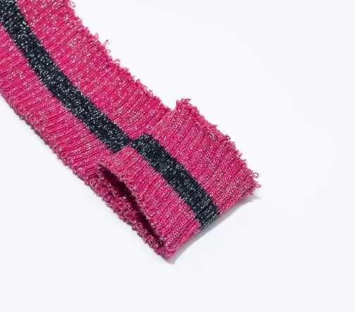 Кромка трикотаж с полоской, цвет фуксия/темно-синий/серебряный меланж
