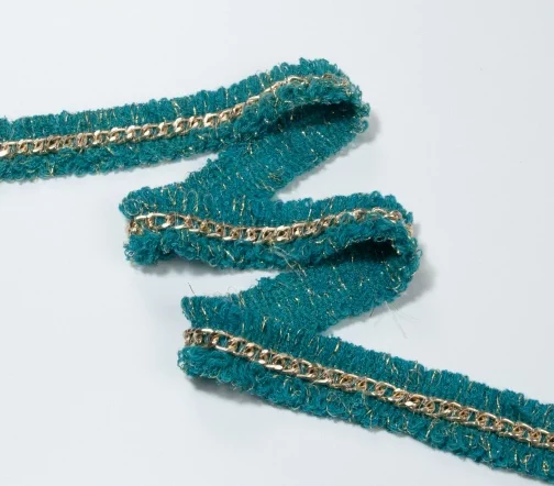Тесьма тип Chanel с золотой цепочкой, 25 мм, цвет бирюзовый