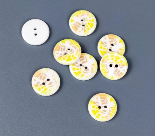 Пуговицы, Union Knopf, "Круглые с желто-оранжевый декупаж", 2 отв., пластик, 15 мм