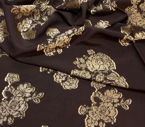Ткань плательная "Золотые цветы", фон коричневый, 00327
