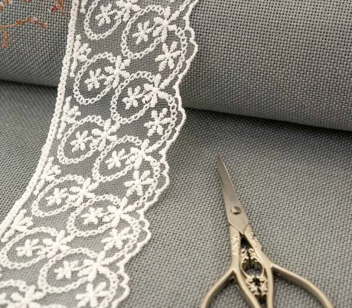 Кружево вышивка на тюле GOODMAN, ширина 63 мм, уп./3,5 м, цвет молочный