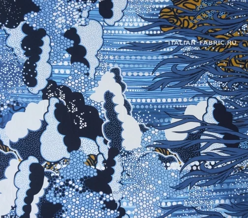 Шелк креповый "Водоросли", фон синий, 00707-2