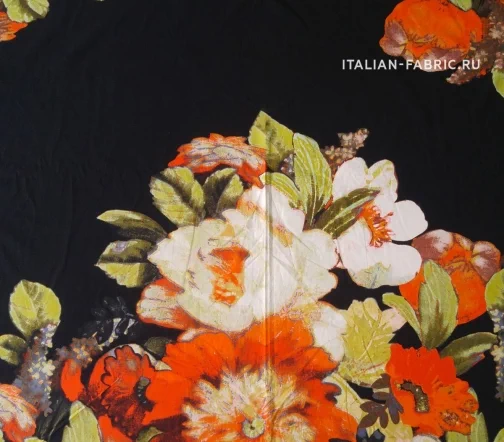 Плащевый хлопок "Оранжевые цветы на черном", купон, 00337к
